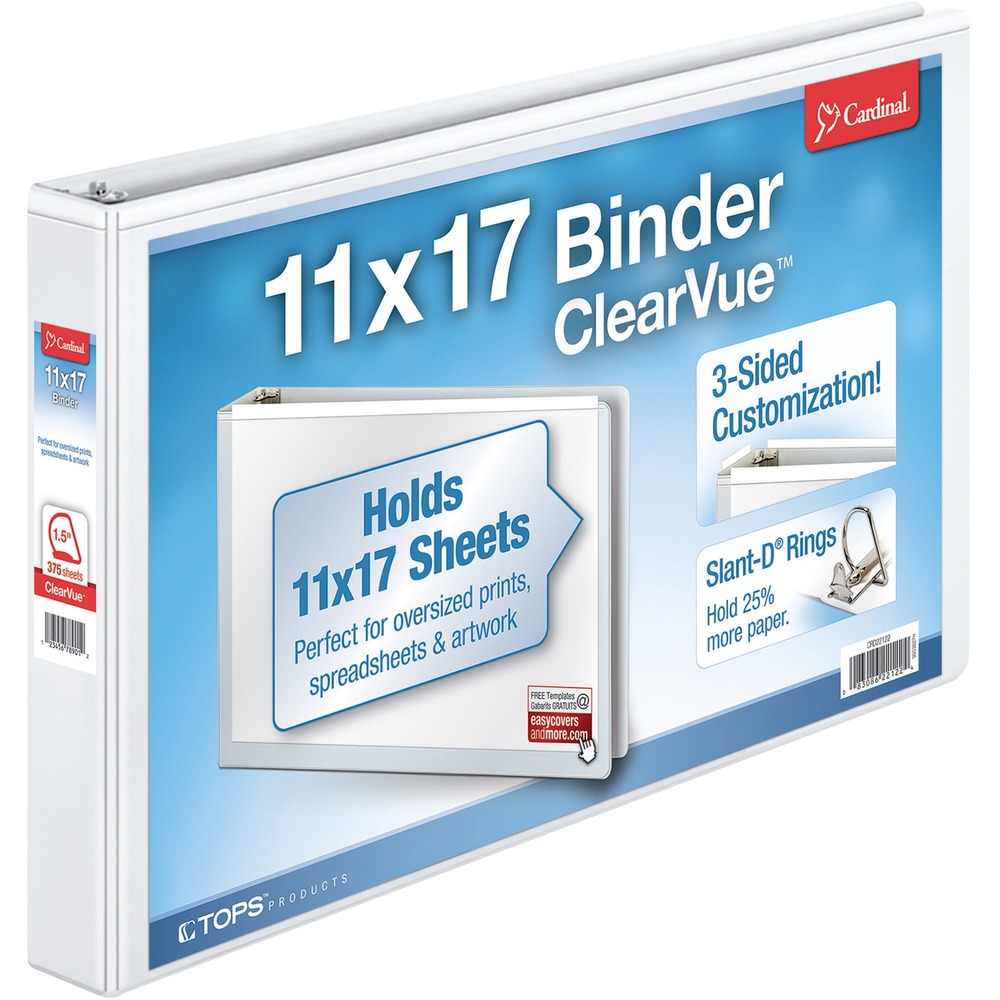 CRD22122 - ClearVue D-Ring Binder stores tabloid-size documents and offers a 1-1/2" capacity for up to 375 sheets. Ideal for spreadsheets. Clear overlays on the front, back and spine allow you to customize the cover. Free templates for creating cover inserts are available online. Nonlocking, Slant-D rings hold 25 percent more material than standard round rings. Back-mounted steel rings provide a clean professional spine and reduce wear. Binder features exposed rivets and a sturdy chipboard core. Binder is made with a high percentage of recycled post-consumer material.