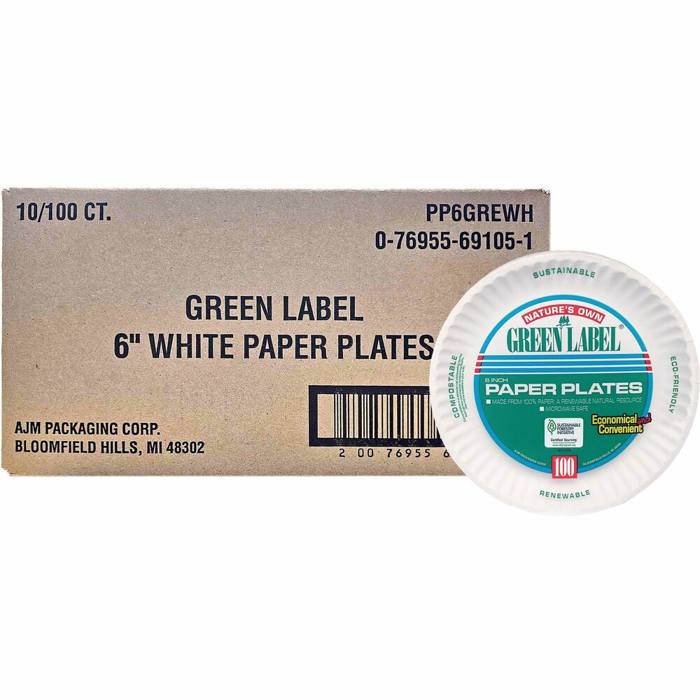 AJMPP6GRE - Paper plates feature a convenient, uncoated design. They have raised edges to help contain your meals and snacks. Microwavable, 6" plates are made from 100 percent paper so they are recyclable.