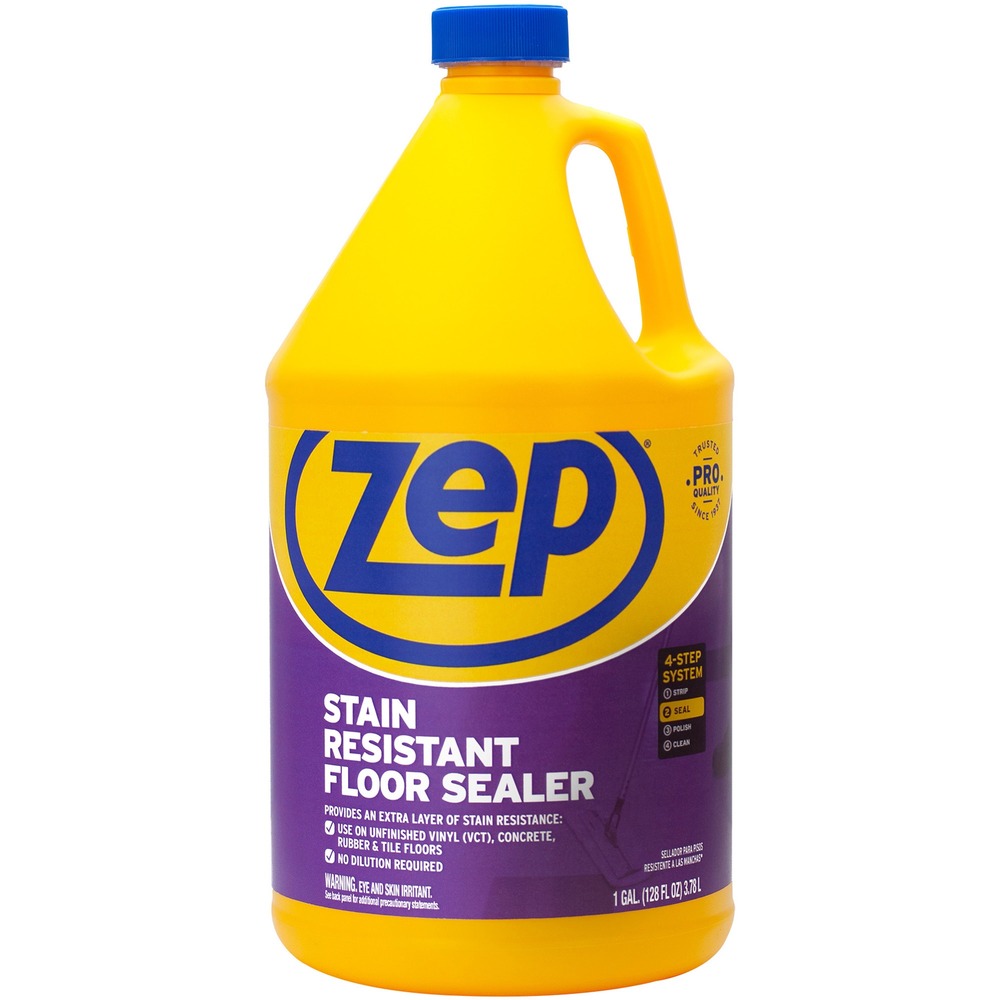 ZPEZUFSLR128 - Stain-Resistant Floor Sealer produces a level and clear gloss surface for high-traffic surfaces. Applying the sealer before a top coating or floor finish results in maximum strength improved shine and stain-resistance. It can be stripped and reapplied as needed, making it ideal for use on a range of hard floors, including high-traffic vinyl, in businesses, offices and warehouses. The product covers up to 1,500 square feet and produces a thin, even finish by mopping in a continuous figure-8 motion. Sealer is step 2 of the Zep 4-step floor maintenance program.