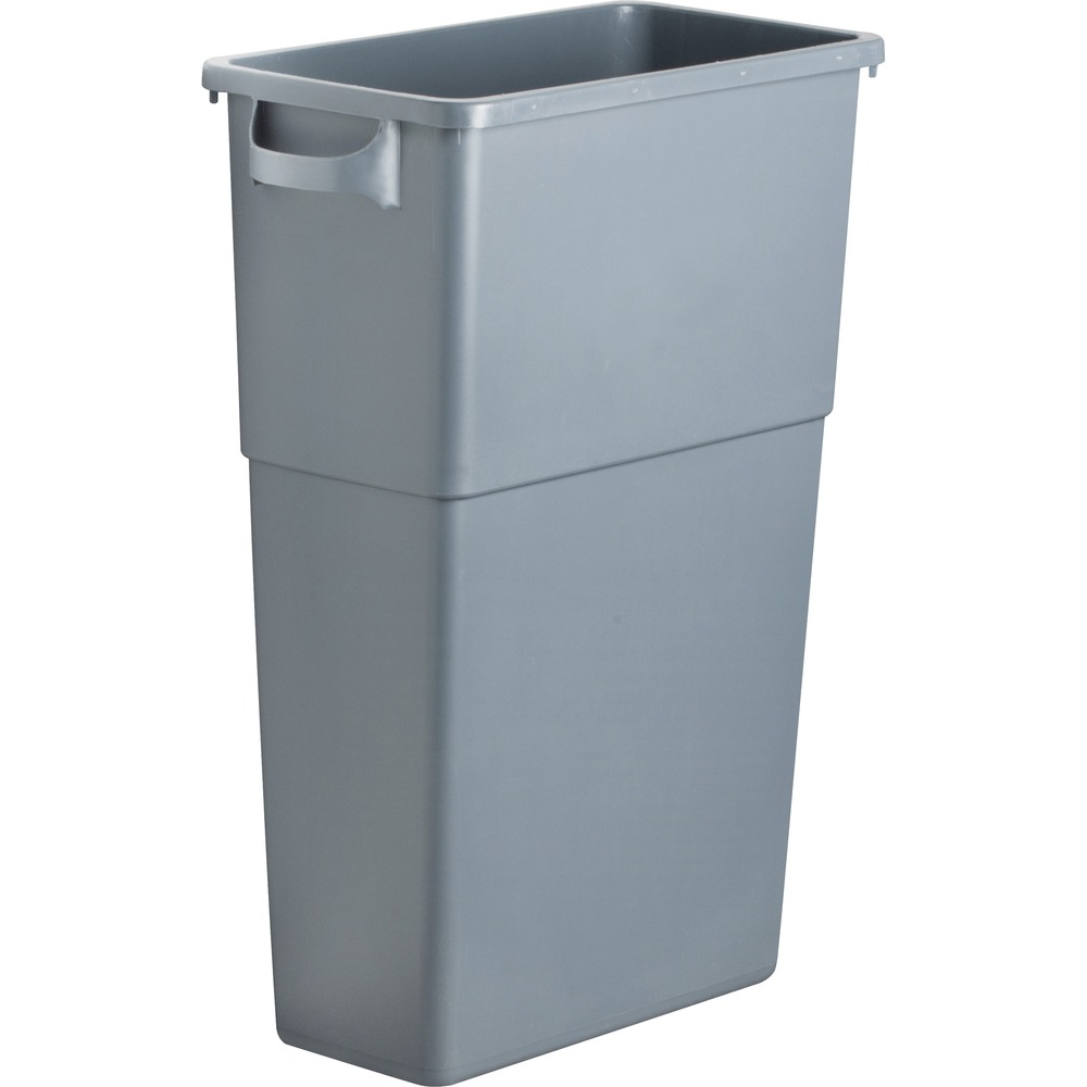 GJO60465 - Space-saving Waste Container holds 23 gallons of trash, but protrudes less than 1' from the wall. Sleekly designed container fits under most work tables. Built-in handles allow easy transport and emptying. Waste container includes a built-in bag cinch. A 20-1/4" wide Genuine Joe lid fits neatly on the 20" wide opening and is sold separately. More from the Manufacturer