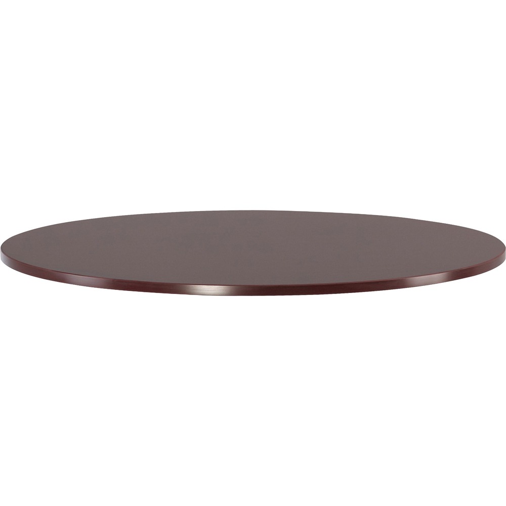 LLR87240 - Round tabletop is designed for use with Lorell Essentials Series Wood Laminate Furniture that offers high-quality laminate construction and a contemporary design. Ideal for a small meeting area in executive offices, this 1" thick tabletop features a Mahogany laminate surface and 3mm PVC edgebanding. Attach this tabletop to sturdy steel or matching laminate base (LLR69401 sold separately) with screws matched to T-Metal, predrilled holes.