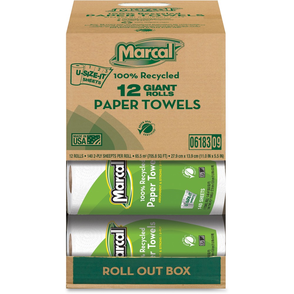 MRC06183 - Giant roll of Green Certified paper towels features U-size-It sheets for flexibility in cleanup and less waste. Perforations in towel rolls allow you to select your sheet size based upon your need. Each roll includes 140 hypoallergenic sheets that are strong and absorbent. They are whitened without chemicals containing chlorine bleach. They have no added dyes or fragrances. Convenient, self-dispensing rollout box allows sanitary storage of individually wrapped rolls. Two-ply towels are made with a high percentage of recycled material.