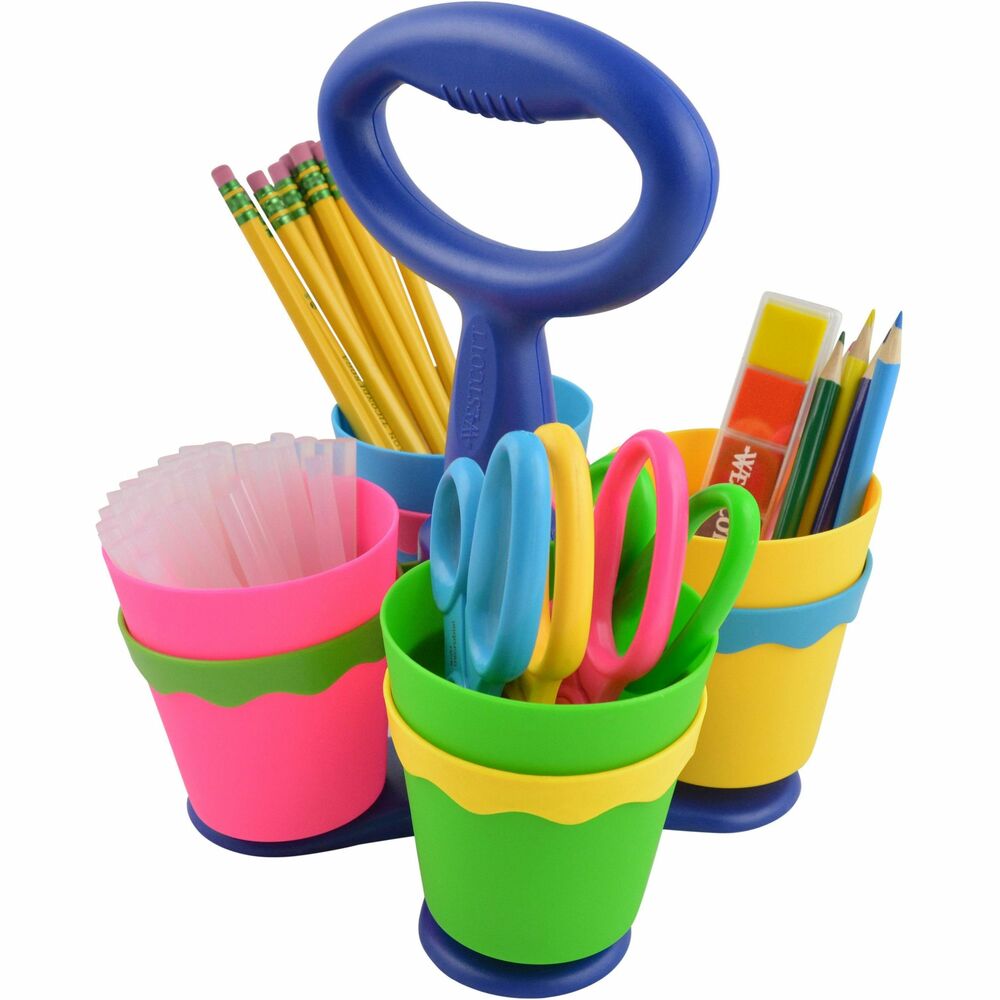 ACM14755 - Antimicrobial Classroom Caddy keeps your scissors organized in four colorful, removable cups. Caddy features a handle for easy transport and the base rotates for easy access. Plastic cups and scissor handles contain an antimicrobial agent to help inhibit the growth of bacterial stains and odors. Caddy includes 24 child-sized 5" scissors for both right-handed and left-handed use. Scissors have soft handles and stainless steel blades that resist corrosion.