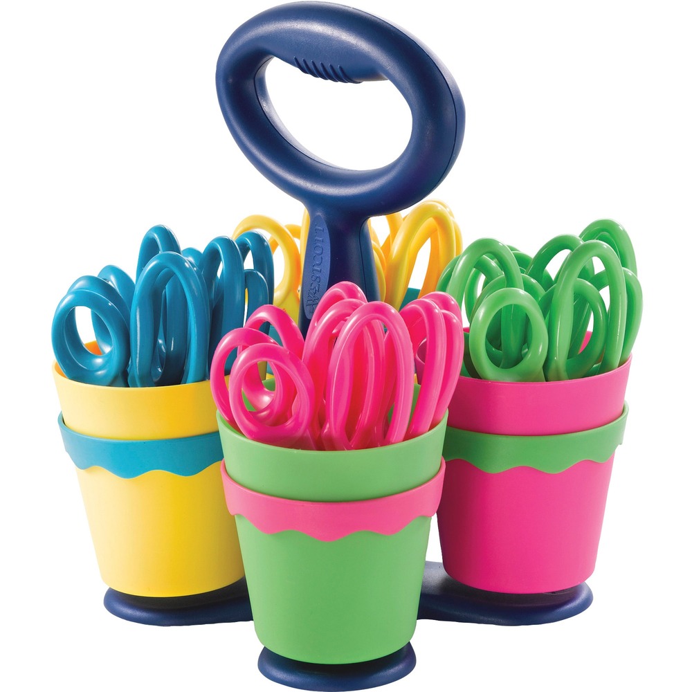 ACM14756 - Antimicrobial Classroom Caddy keeps your scissors organized in four colorful, removable cups. Caddy features a handle for easy transport and the base rotates for easy access. Plastic cups and scissor handles contain an antimicrobial agent to help inhibit the growth of bacterial stains and odors. Caddy includes 24 child-sized 5" scissors for both right-handed and left-handed use. Scissors have soft handles and stainless steel blades that resist corrosion.
