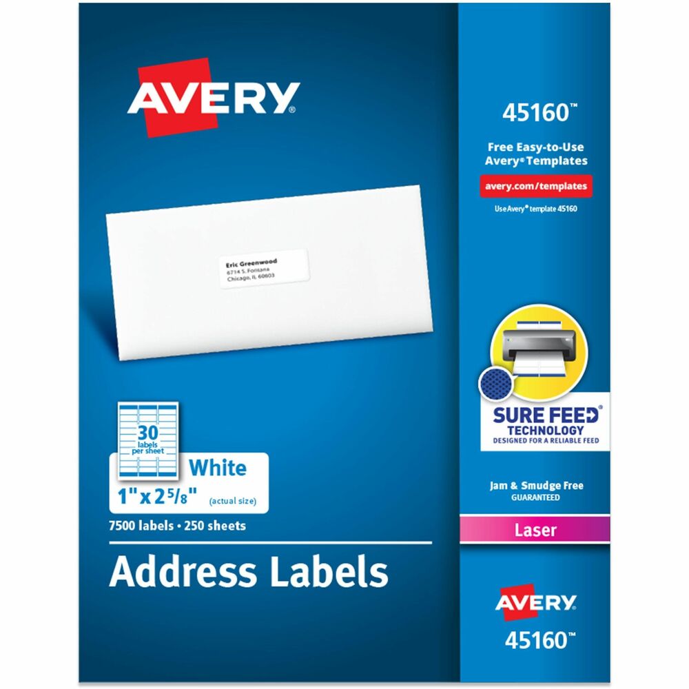 AVE45160 - These white address labels are great when you want to create professional labels quickly and easily. They're perfect for high-volume mailing projects, labeling bottles, Ball and Mason jars, food containers, bath and beauty products, product branding, event decorations, party favors and crafts. Sure Feed technology is designed for a reliable feed through your printer, helping prevent misalignments and jams. To easily customize your labels, use Avery's free online templates and designs. Each sheet includes 30 labels that each measure 2-5/8" wide x 1" high. More from the Manufacturer