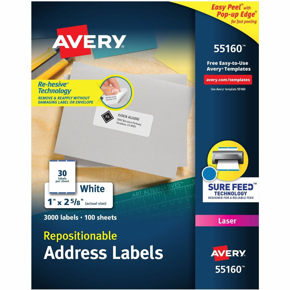 AVE55160 - Repositionable Mailing Labels feature Re-hesive Technology for professional results so labels can be removed and reapplied without damaging the label or the envelope. Once reapplied, labels will not fall off. Labels are jam-free and smudge-free. Use with laser printers. More from the Manufacturer