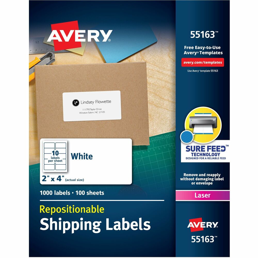 AVE55163 - Repositionable Mailing Labels feature Re-hesive Technology for professional results so labels can be removed and reapplied without damaging the label or the envelope. Once reapplied, labels will not fall off. Labels are jam-free and smudge-free. Use with laser printers. More from the Manufacturer