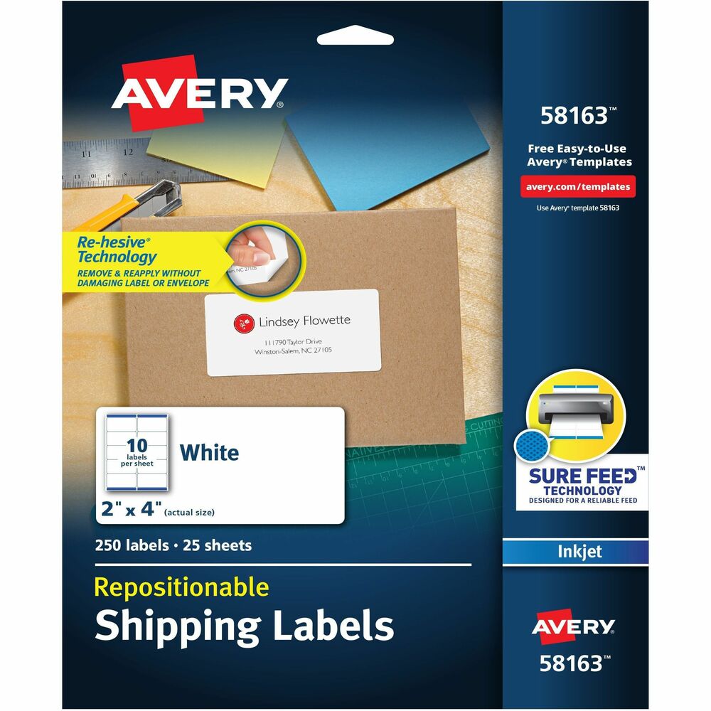 AVE58163 - Repositionable Mailing Labels feature Re-hesive Technology for professional results so labels can be removed and reapplied without damaging the label or the envelope. Once reapplied, labels will not fall off. Labels are jam-free and smudge-free. Use only with inkjet printers. More from the Manufacturer