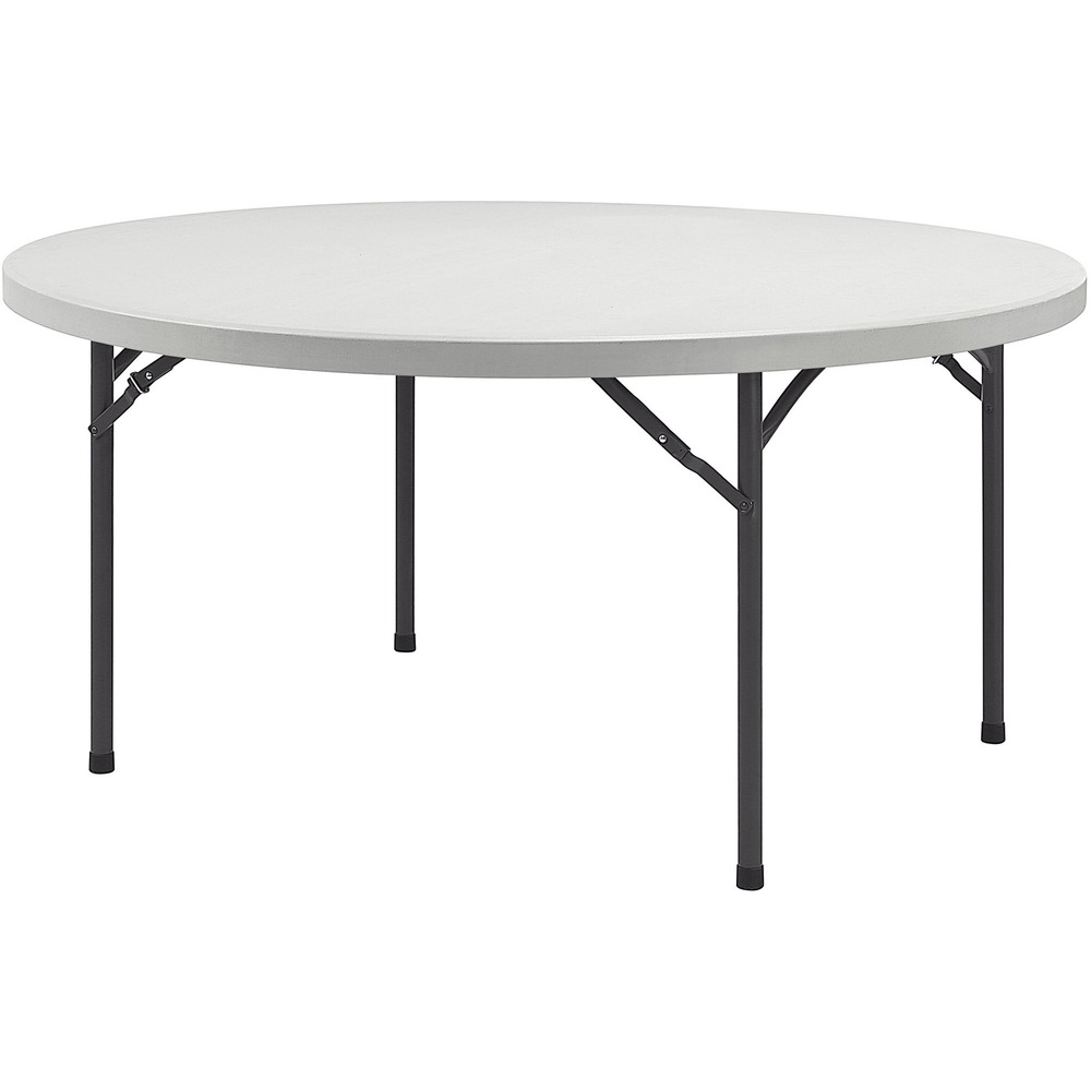 LLR60325 - Round banquet table is designed for light-duty use indoors or outdoors. The 2.125" thick, square-edge top is made of blow-molded, high-density polyethylene for a sturdy surface. 1" tubular steel legs are powder-coated for durability. 71" diameter table supports up to 800 lb. evenly distributed and comfortably seats six to seven.