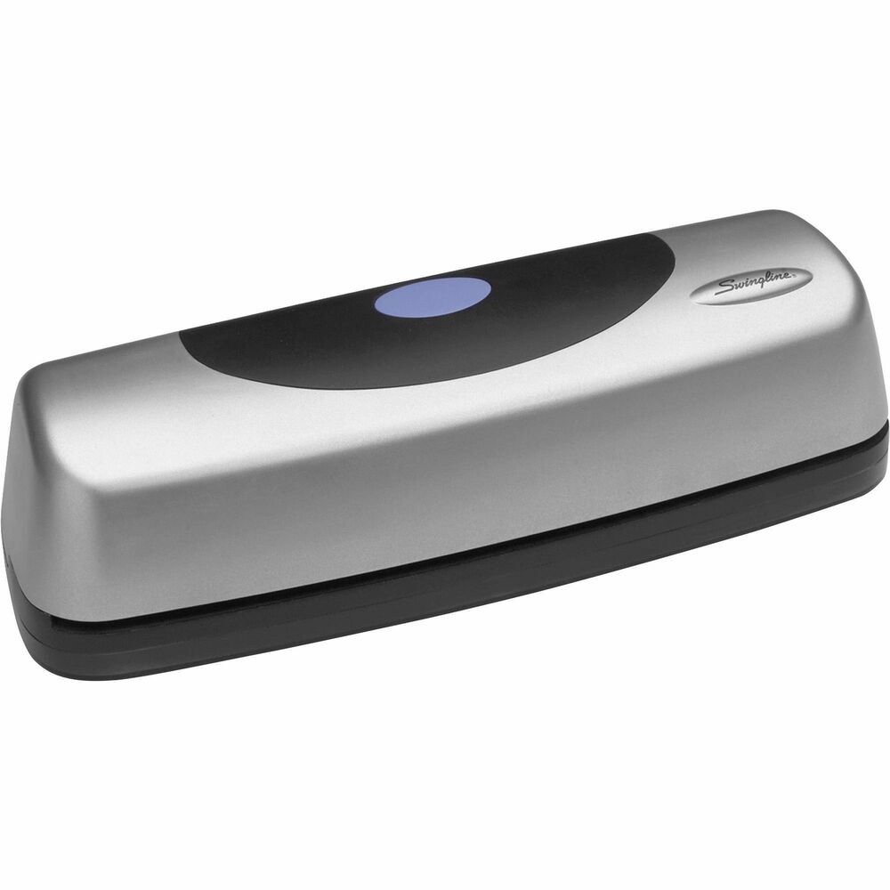 SWI74515 - Electric Portable/Desktop Punch offers effortless, automatic three-hole punching with the single touch of a button. Punch 9/32" holes through 15 sheets of 20 lb. paper at a time. Reset button is designed to clear jams. Use hinged clip door to empty. Electric punch operates on the included AC adapter or six AA batteries (sold separately). Battery life lasts up to 3,000 punches. More from the Manufacturer