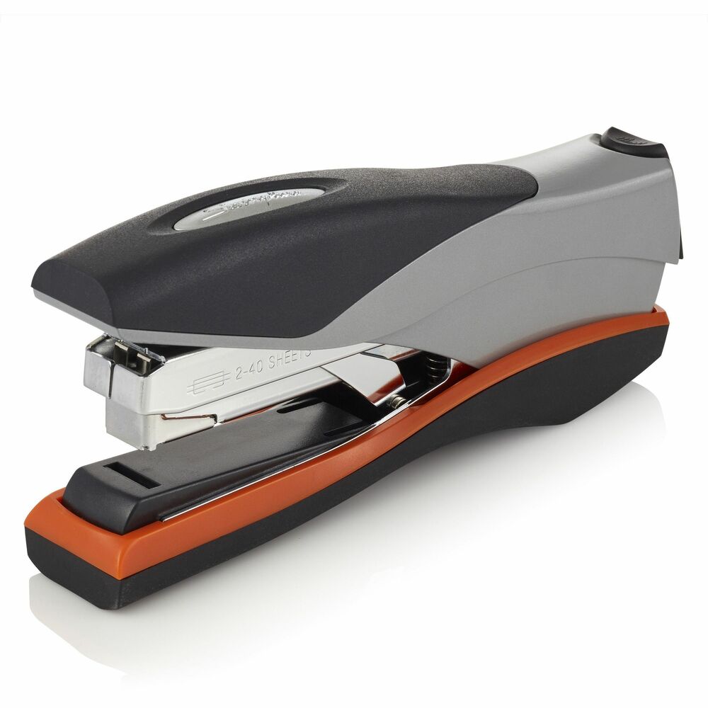 SWI87845 - Optima 40 Desk Stapler combines jam-free flat-clinch technology and 40-sheet capacity. Ergonomic handheld design takes less effort to operate. Quietly staple documents from 2 to 40 sheets with standard-size staples. Staple with up to 50 percent less effort than a conventional stapler. Staples lie flat on the back of documents with flat clinch technology. Stapler will not jam when you use Swingline S.F. 4 or Optima Premium Staples. Innovative, Quickload magazine system allows strips of 210 staples to be quickly and easily loaded at the front of the stapler. Desk stapler also offers durable metal construction, 2-1/2" throat depth and soft grip surfaces.