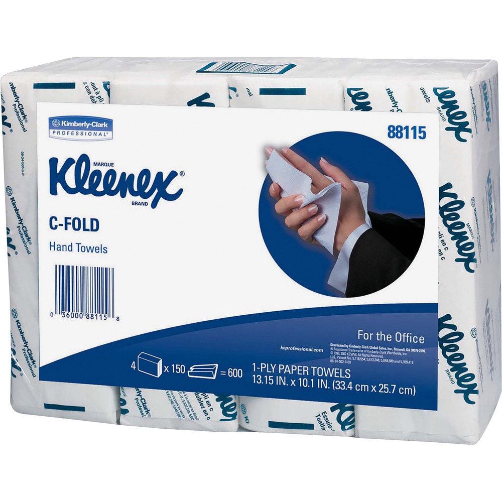 KCC88115 - Kleenex C-Fold Hand Towels are designed for use with C-fold towel dispensers. Soft, absorbent, one-ply towels meet EPA standards with post-consumer recycled material. Each bundle has 150 towels. Folded size is 10-1/10" x 3-1/2".