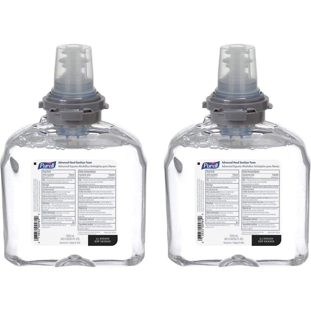 GOJ539202 - Foam refill for PURELL TFX Dispensers kills 99.99 percent of germs that may cause illness. Refill bottle holds 1200 ml. of product. Refill snaps securely into place with an audible click and includes a fresh dispensing valve. Sanitary-sealed, collapsible-bottle refill keeps germs out.