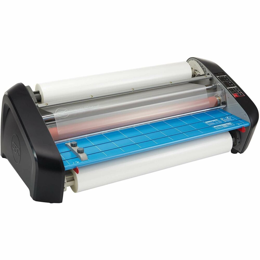 GBC1701720EZ - Pinnacle 27 Ezload Roll Laminator laminates documents up to 27" wide at 12' per minute. It is ideal for banners and other continuous feed applications. Innovative Accutherm heating system provides consistent heating and allows you to laminate either Nap 1 or NAP II Roll Film. Ezload film-loading technology allows quick and easy film setup. Easy-to-use control panel features a standby switch, footage counter integrated with a temperature-ready indicator, and power-on LED indicators. Laminator is compatible with 1.0 mil to 3.0 mil NAPI (High Melt) or NAPII (Low Melt) Ezload Film. It features a 6 minute warm-up time, auto-shutoff and an auto-shutoff disengaging switch, built-in trimmer in the back of machine, tray table with safety shutoff, attached film idler bar for easy film loading, LED power and ready lights with audible alert. cUL approved. More from the Manufacturer