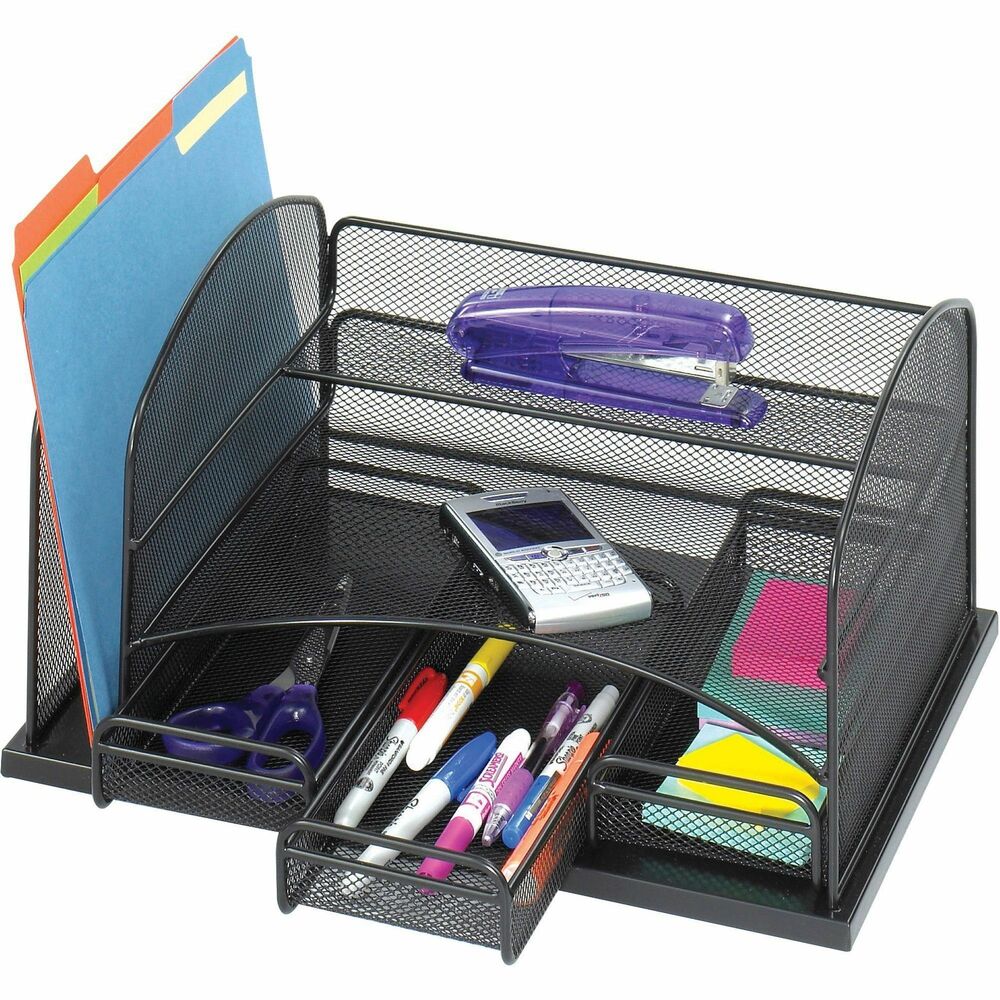SAF3252BL - Organizer has one horizontal letter tray, a shelf for small office essentials, one vertical section perfect for files and three drawers to maximize a cramped desktop space. Compartments hold items like scissors, rulers, pencils and more. The vertical section holds pads and envelopes. Steel mesh construction has a powder-coat finish. Organizer weighs 6 lb.