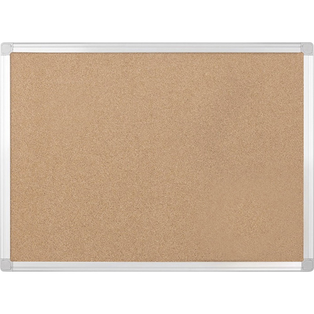 BVCCA031790 - Eco-friendly bulletin board features cork made of recycled material and a sleek aluminum frame. Resilient cork surface is self-healing, leaving no pinholes behind, and withstands intensive use. Easily mount with included hardware. Entire board has a high percentage of recycled material.