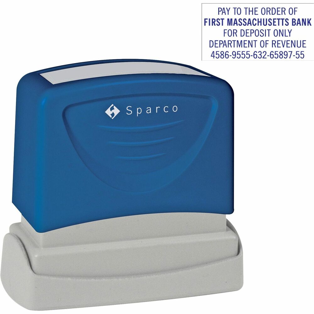 SPRCS60459 - Endorsement stamp makes a 1" x 2" impression of your endorsement to save you time in preparing checks for deposit. Stamp accommodates up to seven lines with 26 maximum characters per line for your endorsement information. Contact customer service to customize.