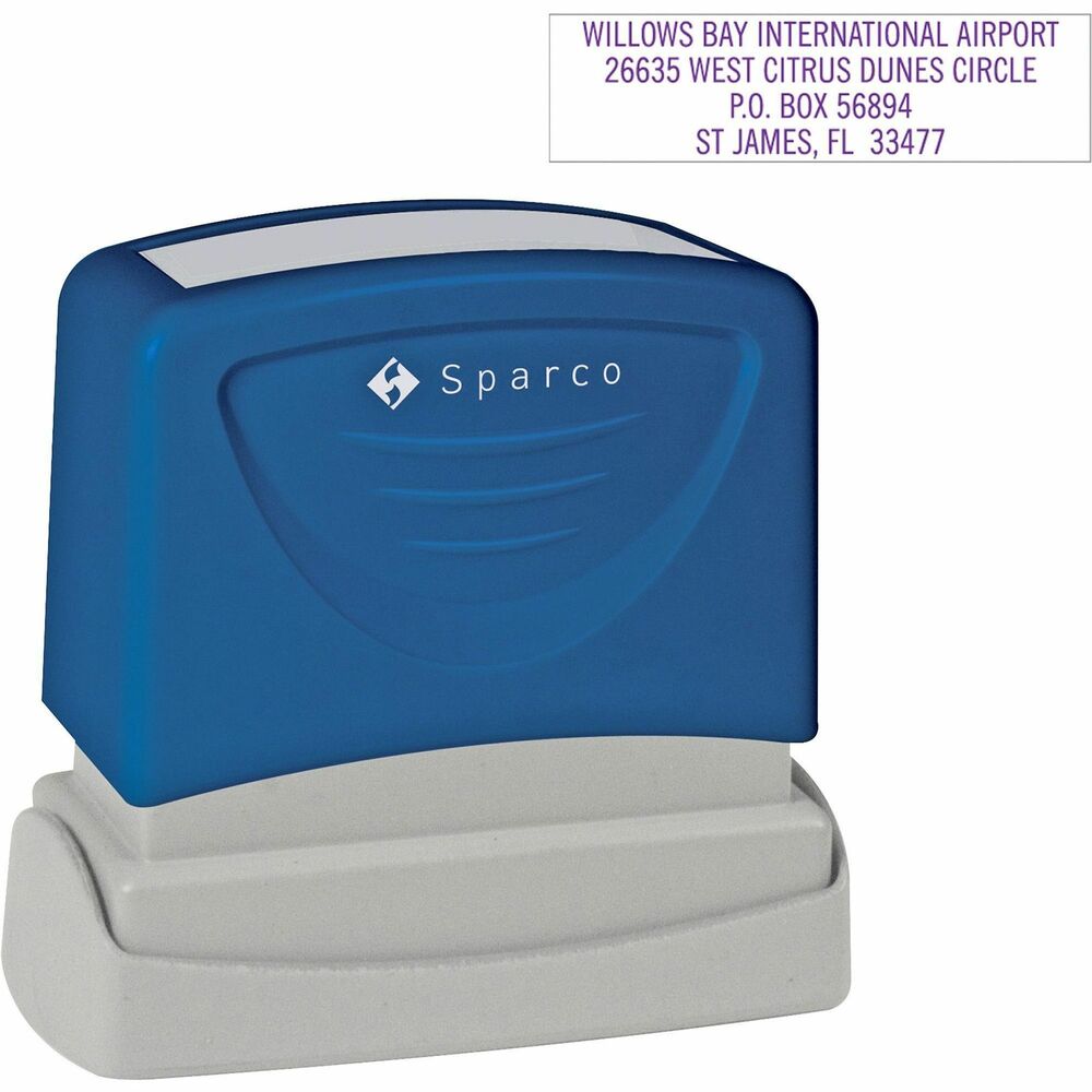 SPRCS60460 - Business address stamp makes a 5/8" x 2-7/16" impression of your business address for time-saving performance during repetitive tasks. High-quality design creates crisp, clean impressions for excellent readability. Stamp accommodates up to five lines with 32 maximum characters per line for your business address. Bottom cover protects the stamp head from dust and debris for long-lasting use. Contact customer service to customize.