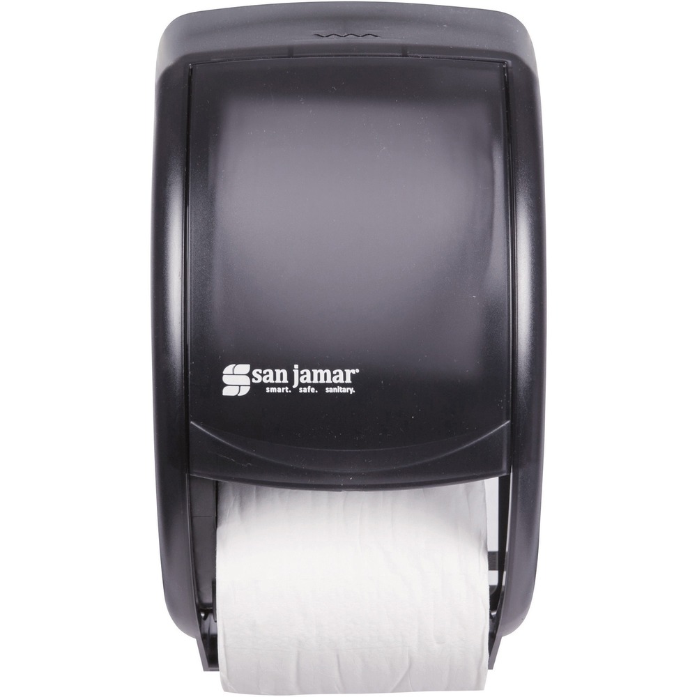 SJMR3500TBK - Duett Standard Bath Tissue Dispenser eliminates waste by protecting a visible fresh roll until the first roll is completely used. Compact design makes it easy to fit in any size washroom. Tissue dispenser accommodates two standard bath tissue rolls with a minimum core diameter of 1-5/8" (40mm) and a roll size of 4-1/2" to 5-1/2" (114 to 140mm).