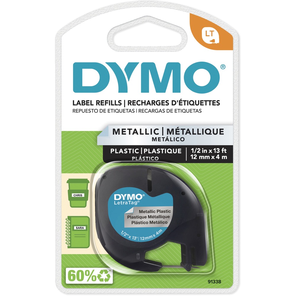 DYM91338 - Label maker tape offers flexible performance for indoor and light uses. Self-adhesive plastic tape features easy-peel split-back design. Special backing is split down the middle to make separation of tape backing a snap for fast and easy label application. Tape is designed for use with Dymo LetraTag Plus LT-100T and LetraTag Plus LT-100H. More from the Manufacturer