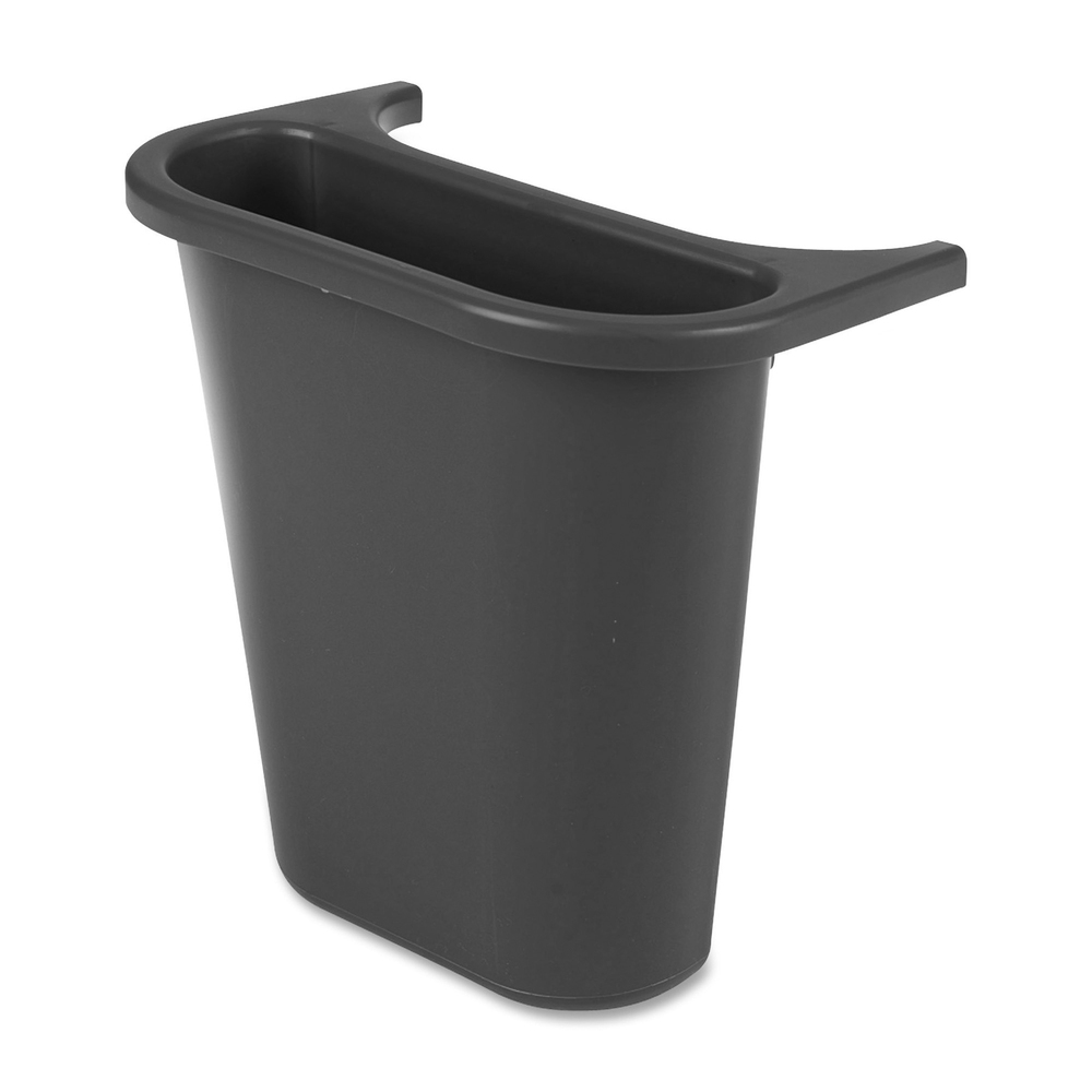RCP295073 - Saddle-basket, recycling bin attaches to any 14-1/2" wide x 10-3/8" deep deskside wastebasket to create a space-efficient recycling center. Set inside wastebasket (sold separately) for a more compact station or place on the outside to maximize capacity. All-plastic construction won't chip, rust or dent. Rolled rims add strength and are easy to clean