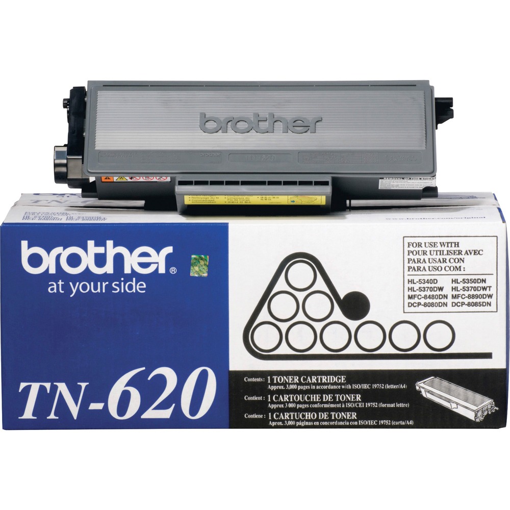 BRTTN620 - Toner cartridge is designed for use with Brother DCP-8080DN, DCP-8085DN; HL-5340D, HL-5350DN, HL-5370DW, HL-5370DWT; MFC-8480DN, MFC-8680DN, MFC-8690DW and MFC-8890DW. All genuine Brother printer supplies are designed as part of an entire printing system to provide a superior degree of quality. Genuine Brother toner is delicately balanced to provide even flow and toner distribution. Cartridge yields approximately 3,000 pages.
