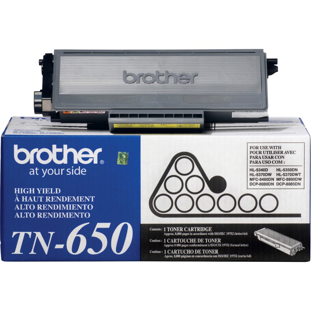 BRTTN650 - High-yield toner cartridge is designed for use with Brother DCP-8080DN, DCP-8085DN; HL-5340D, HL-5350DN, HL-5370DW, HL-5370DWT; MFC-8480DN, MFC-8680DN, MFC-8690DW and MFC-8890DW. All genuine Brother printer supplies are designed as part of an entire printing system to provide a superior degree of quality. Genuine Brother toner is delicately balanced to provide even flow and toner distribution. Cartridge yields approximately 8,000 pages.