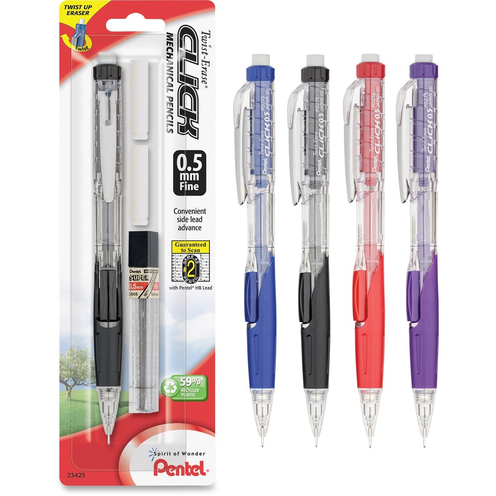 PENPD275TLEBP - Mechanical pencil features a tinted barrel to let you monitor lead supply at a glance. Extra-long, nonabrasive, twist-up E10 eraser comes in handy when making corrections. Smooth, latex-free Comfort-Zone grip provides extended writing comfort. Stylish, metal pocket clip is convenient when going about your day-to-day routine. Convenient side button allows the 0.5mm lead to advance effortlessly without changing hand position. HB lead inside is equivalent to a No. 2 wooden pencil and scans on standardized tests. Twist Erase Click Mechanical Pencil is refillable with Pentel Super Hi-Polymer Lead and E10 jumbo refill eraser.