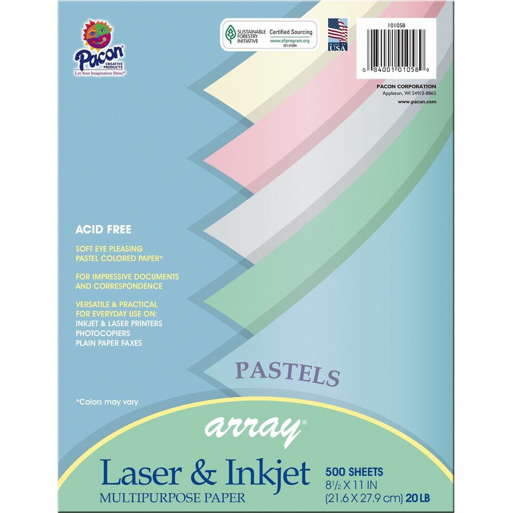 PAC101058 - Pastel bond paper adds a soft, delicate touch to memos, correspondence, announcements and flyers. It works well in laser and inkjet printers, photocopiers and offset printers. This 20 lb. paper is acid-free and recyclable.