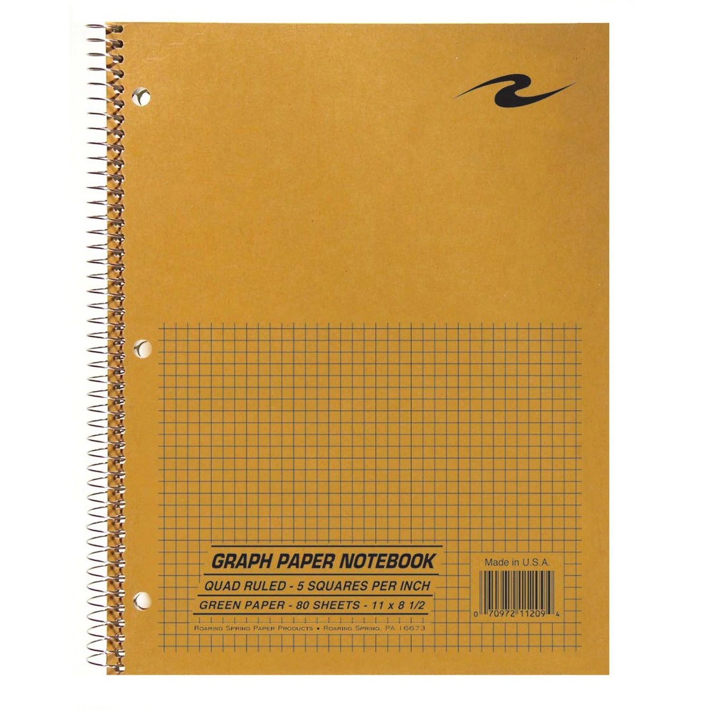 ROA11209 - Quad Lab Notebook is great for great for science classes or design drawing. Each sheet has 5 x 5 quad ruling for technical work. They are three-hole punched to fit inside standard three-ring binders. Wire ends are coil-locked for snag-proof performance. Cover is made of kraft material. Notebook contains 80 green sheets (15 lb.).