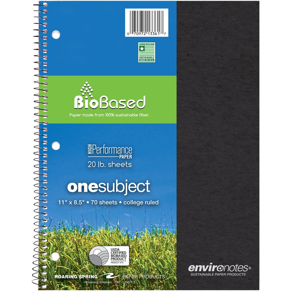 ROA13361 - One-subject Environotes Wire-bound Notebook contains 20 lb. writing paper made with 30 percent sugarcane post-agricultural fiber and a high percentage of post-consumer material. Notebook carries USDA Bio-Preferred Certification. High-performance paper allows writing on both sides. It is smooth and college-ruled with a margin. Covers are made of a heavy-duty, 50 point chipboard for reliable writing support. Wire ends are coil-locked for snag-proof performance. Each notebook contains 70 sheets of writing paper.