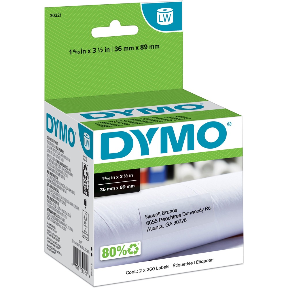 DYM30321 - Large paper address labels print directly from the roll for ease of use. Print labels one-up or in a batch. Compatible with DYMO LabelWriter printer EL40, EL60, CoStar LabelWriter XL, 300, 310, Turbo and CoStar LabelWriter XL Plus, Turbo, 320, 330, 330 Turbo, 400, 400 Turbo, Twin Turbo, DuoTurbo, Seiko SLP240 and SLP Pro. More from the ManufacturerRebate: $25 Visa Card with $75 Dymo Buy View Rebate Details