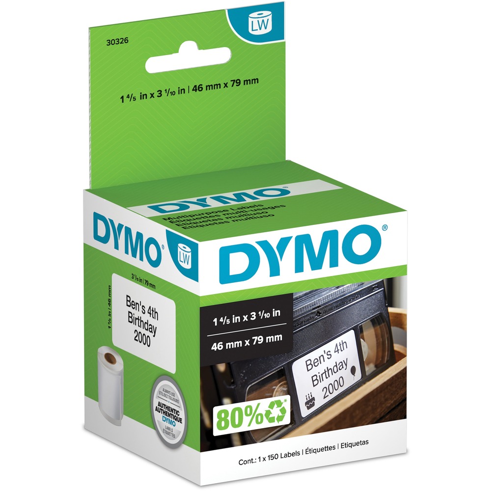 DYM30326 - Paper VHS Tape/Top labels print directly from the roll for simple use. Print labels one-up or in a batch. Direct thermal printing process means no need for messy, expensive ink or toner cartridges They are compatible with DYMO LabelWriter EL60, Turbo and CoStar LabelWriter XL Plus, Turbo, 320, 330, 330 Turbo, 400, 400, 450 Turbo, Twin Turbo and DuoTurbo. More from the Manufacturer