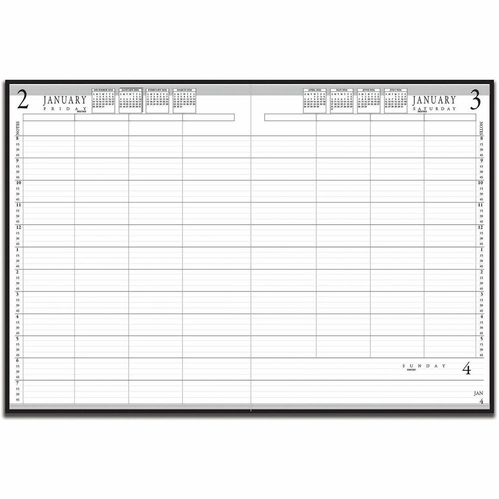 HOD28292 - Daily appointment book offers an organized way to track appointments for four people every day. One-page-per-weekday format includes four columns, each with quarter-hourly appointment times from 8 AM to 7:45 PM, religious and national holidays, and past, current and two future months reference. Dated planning pages range 12 months from January to December. Nonrefillable appointment book features a hard cover and contains pages made with a high percentage of recycled material and printed with soy ink.
