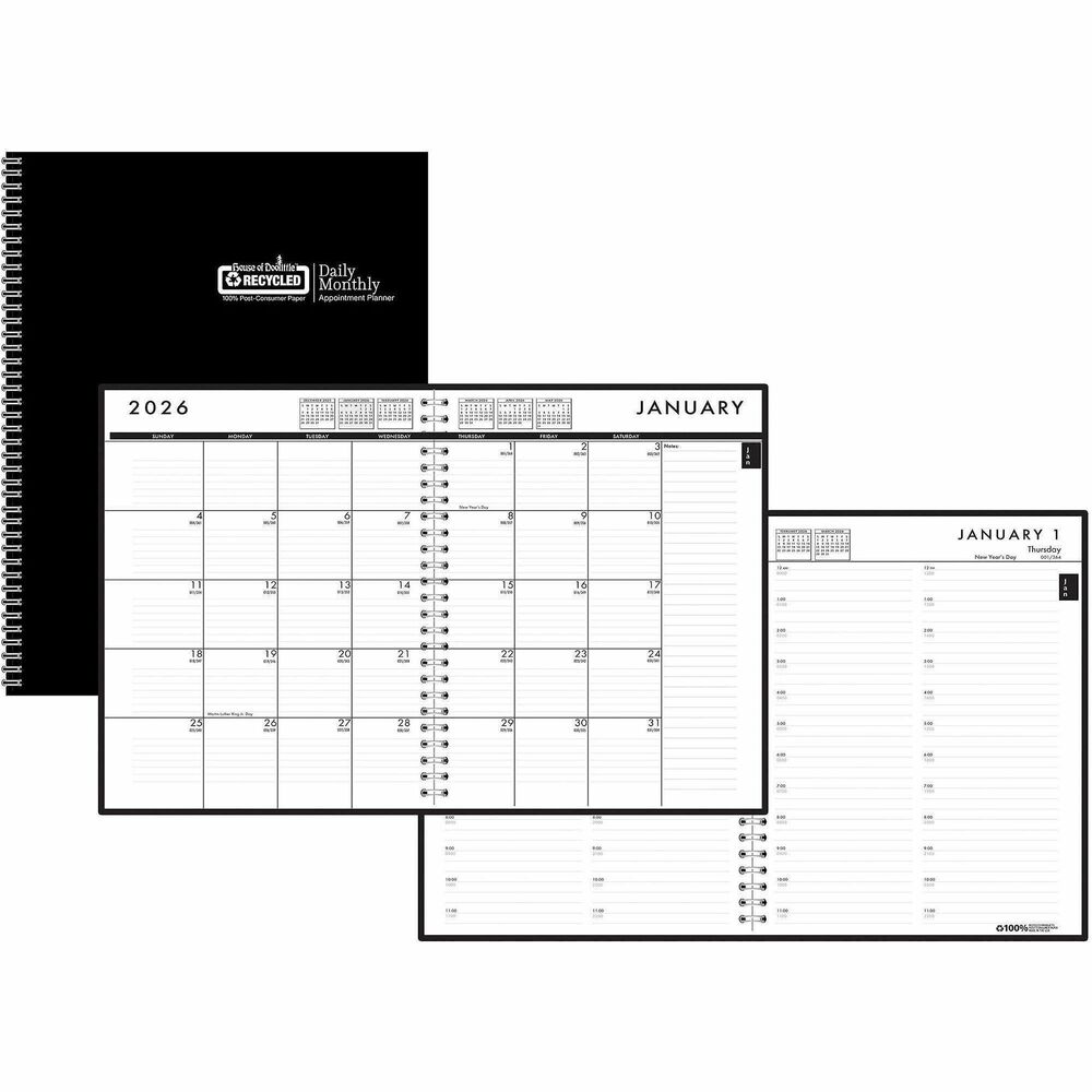 HOD289632 - Wirebound, dated planner offers 12 months of daily and monthly planning from January to December. Printed monthly/weekly indicators make it easy to find a specific date. Daily planning features a one-page-per-day format with ruled quarter-hourly appointment times 24 hours a day, seven days a week, and military time. Past, current and two future months reference stretches across two pages. Each daily block measures 1-3/4" x 1-5/8". The monthly planning offers two-page-per-month spreads with ruled daily blocks, Sunday-through-Saturday scheduling, count of days/days remaining, national and religious holidays, a ruled notes column and past, current and four future months reference. Nonrefillable planner has a suede-like cover and is made with a high percentage of recycled material and printed with soy ink.