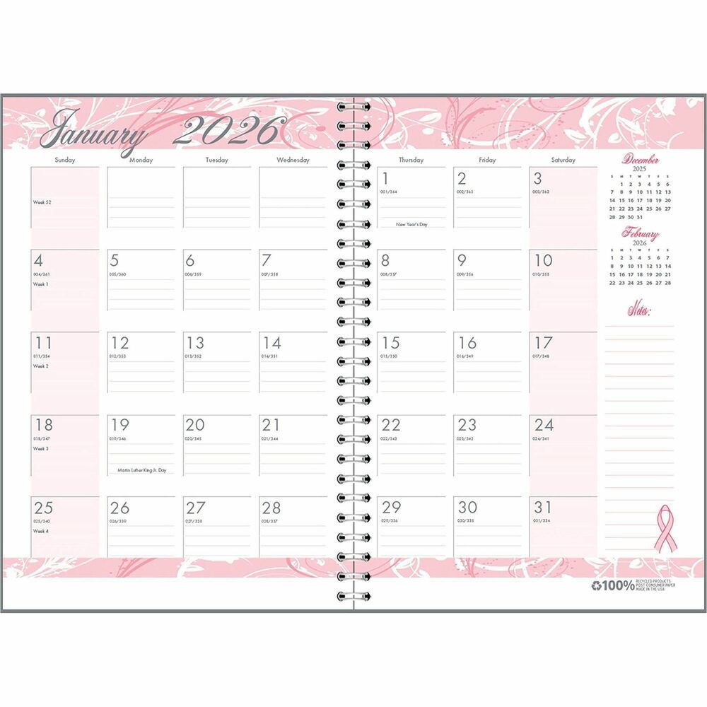 HOD5226 - Monthly wire-bound journal offers a great way to raise breast cancer awareness. A portion of the proceeds from this product is donated to fund breast cancer research. Pink hardcover features the iconic pink ribbons and inspirational words, such as Hope, Courage, Faith, Strength, Love and more. Inside, the monthly journal offers a pink ribbon, pink borders on each page, pink shadings on the weekends and pink print to highlight reference months. Dated planning pages range 12 months from January to December. One-page-per-month format includes ruled daily blocks (1-3/8" x 1-3/4"), Sunday-through-Saturday scheduling, ruled notes area, count of days/days remaining, holidays, and past and future months reference. Weeks are numbered to fit the need of every office application. Nonrefillable monthly journal also contains 100 ruled journal pages that are protected by a laminated hardcover with a double-sided storage pocket.