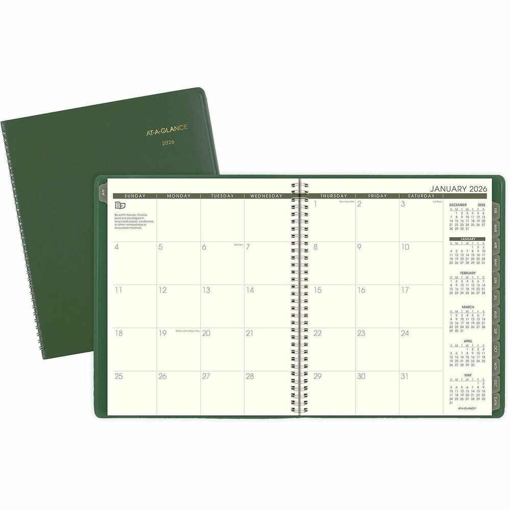 AAG70260G60 - Monthly appointment planner is environmentally friendly with tips for "Green Living" featured each month and a high recycled content. Dated planning pages range 13 months from January to January. Two-page-per-month spreads include unruled daily blocks, Sunday-through-Saturday scheduling, holidays, and past, current and four future months reference. Current reference month is boxed for easy identification. Wirebound appointment planner also features a telephone/address page and simulated leather cover.