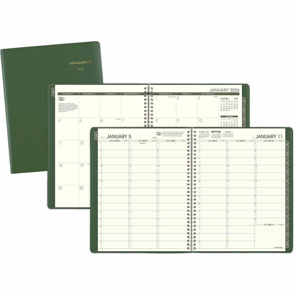 AAG70950G60 - Professional weekly appointment book is environmentally friendly with tips for "Green Living" featured each week and a high recycled content. Dated planning pages range 12 months from January to December. Each two-page-per-week spread includes ruled daily columns, Monday-through-Sunday scheduling, quarter-hourly appointment times from 7 AM to 8:45 PM on weekdays and 7 AM to 5:30 PM on Saturdays, ruled area for Sundays, numbered weeks, count of days/days remaining, holidays, and past, current and future months reference. The current reference month is boxed, and the current week is highlighted for easy identification. Tabbed monthly overviews offer unruled daily blocks, Sunday-through-Saturday scheduling, holidays, and past, current and four future months reference. The current reference month has a bold box, and the current week is shaded for quick identification. Wire-bound, nonrefillable appointment book also offers a telephone/address section and simulated leather cover.