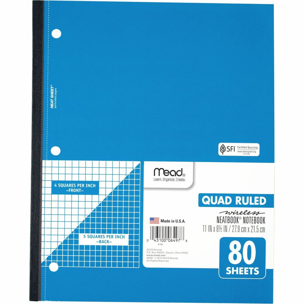 MEA06497 - The 1 subject Neatbook notebook has wireless binding that makes it snag free and easy to take on the go. Graph ruled sheets maximize space for your projects at school, work or home. Features & Benefits 1 subject notebook can be used for multiple classes or projectsIncludes 80 double-sided, graph ruled pages. Ruled with 4" x 4" ruling on front of sheets and 5" x 5" ruling on back of sheets.Notebook is 3-hole punched and has perforated pages to easily tear out assignmentsWireless, book-style binding keeps pages securely in placeSheets measure 11" x 8 1/2" when torn out. Overall size of 11" x 9 1/8". Available in Blue.