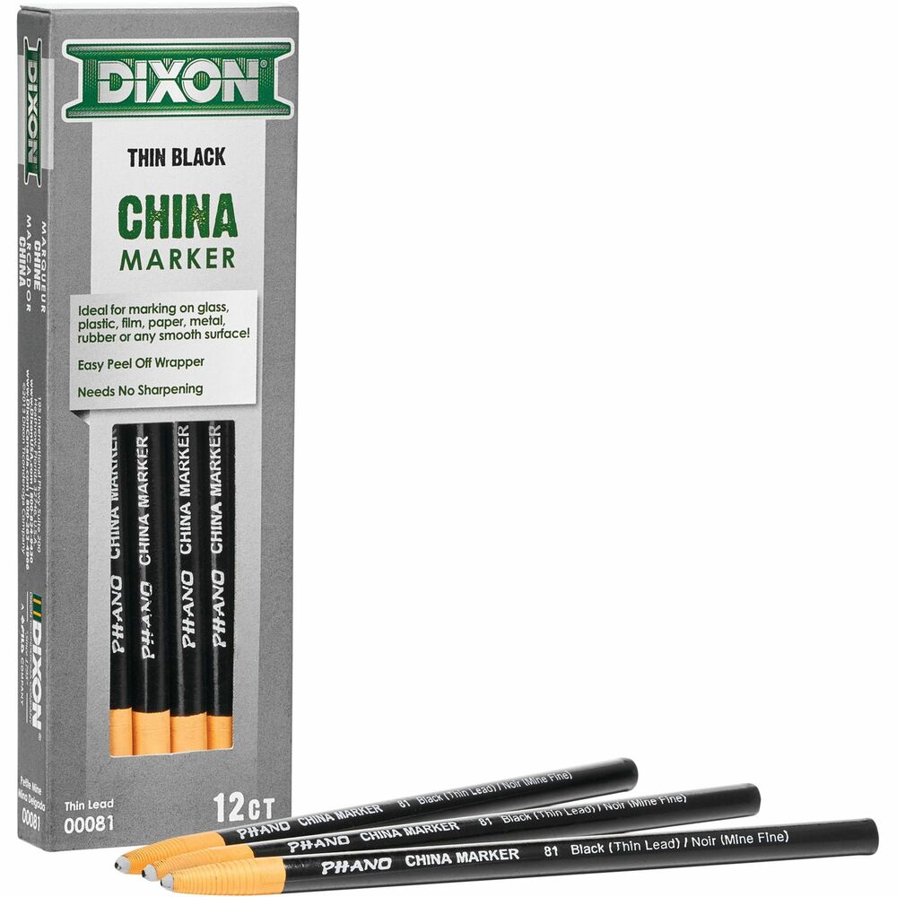 DIX00081 - China Markers make beautiful bold strokes on almost any porous or nonporous surface, including on glass, plastic, film, paper, metal, rubber and almost any surface. Bright colors deliver vivid marks. Marks easily wipe away clean from any smooth surface. Moisture-resistant, break-resistant markers are paper-wrapped with tear strings for sharpening so no need for a sharpener. They are certified PMA nontoxic.