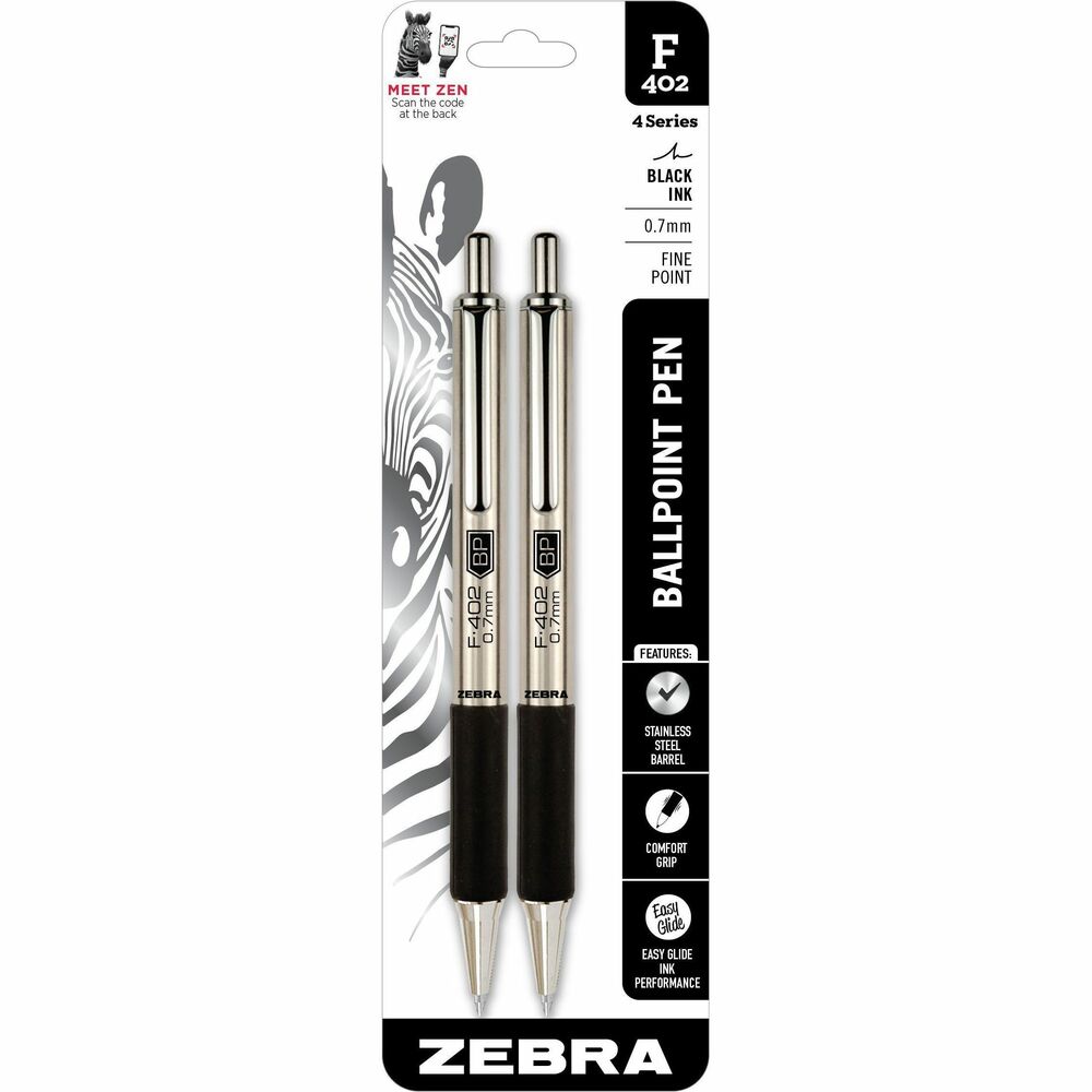 ZEB29212 - Retractable ballpoint pen offers a weighted writing experience for enhanced comfort. Stainless steel barrel delivers durability and executive style with a nonslip rubberized grip. Designer metal pocket clip allows easy storage and accessibility. Pen is refillable with Zebra F-Refill.
