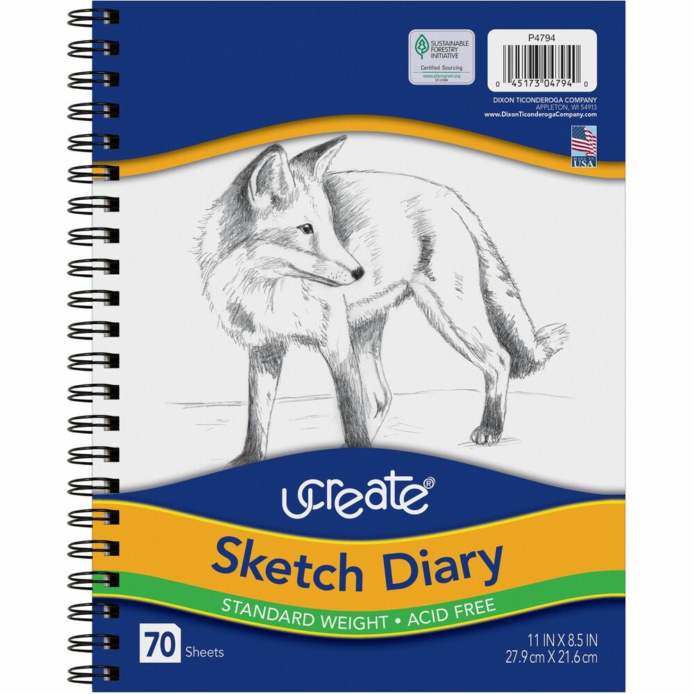 PAC4794 - Sketch diary contains 70 sheets of medium-weight, sulphite drawing paper that is ideal for all dry media. Each all-purpose white sheet is acid-free and recyclable. Spiral binding on the side works well for portable sketching. Diary is perfect for quick-study sketches and drawings.