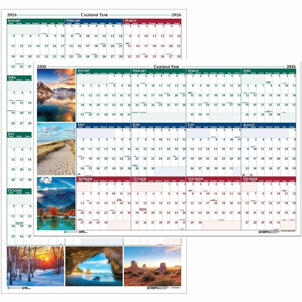 HOD3931 - Laminated wall calendar offers 12 months of dated planning and three full-color nature scenes on both sides. One side has a vertical format, and the other side has a horizontal format. Both sides have a write-on/wipe-off surface, unruled daily blocks and colorful images. Blocks on the vertical side measure 1-3/8" x 2". The horizontal side's block size is 1-5/8" x 1-5/8". Planning ranges 12 months from January to December. Wall calendar includes self-adhesive hangers and a water-soluble marker. Paper is made with a high percentage of recycled material and printed with soy ink.