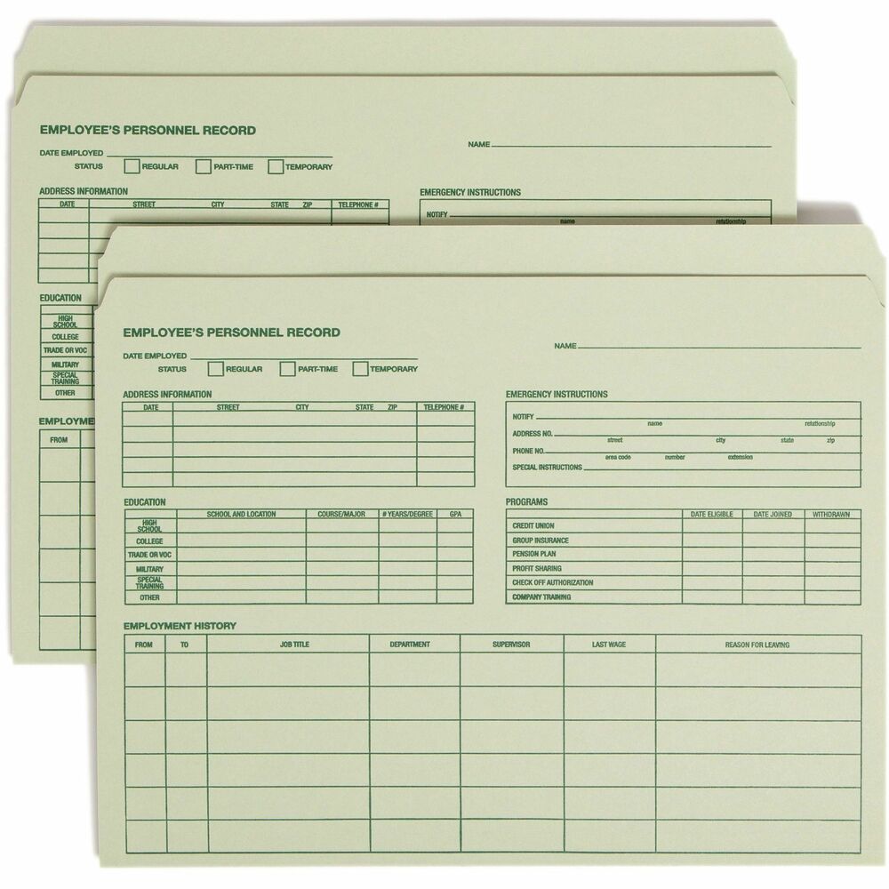 SMD77000 - Employee record file folders are ideal for maintaining confidential employee information in a consistent format. For added security, the folder may be reversed so that all information written on the preprinted forms appears on the inside of the folder.
