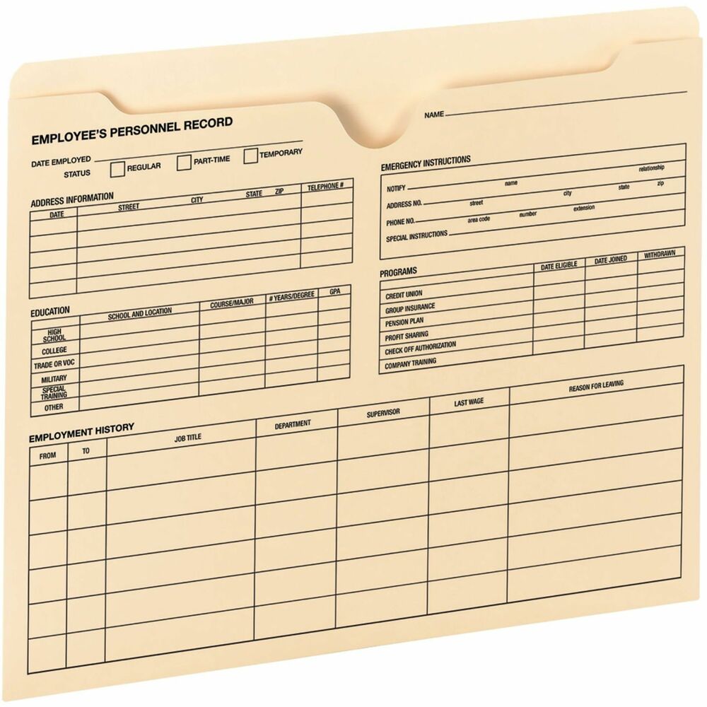SMD77100 - Employee record file jackets are ideal for securely maintaining confidential employee information and materials. Basic employee information may be written on the preprinted form on the front of the jacket, and more confidential materials may be placed inside the jacket. Flat file jacket is made of 11 point stock. Straight-cut tab is reinforced for durability.