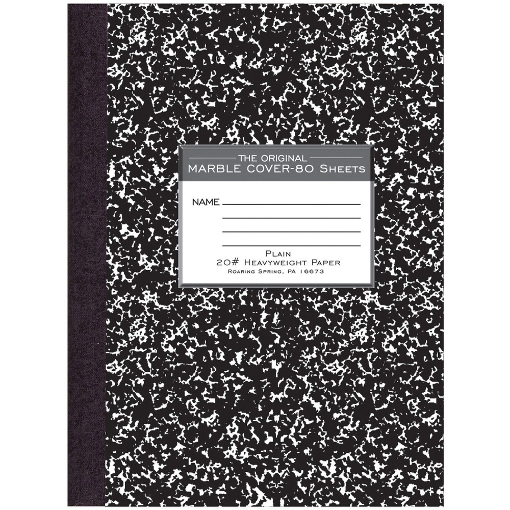 ROA77479 - Composition book contains 80 sheets of 20 lb. heavyweight paper. Each sheet is unruled. Design features a center-sewn hard cover with square covers. Composition book is ideal for school lab reports.