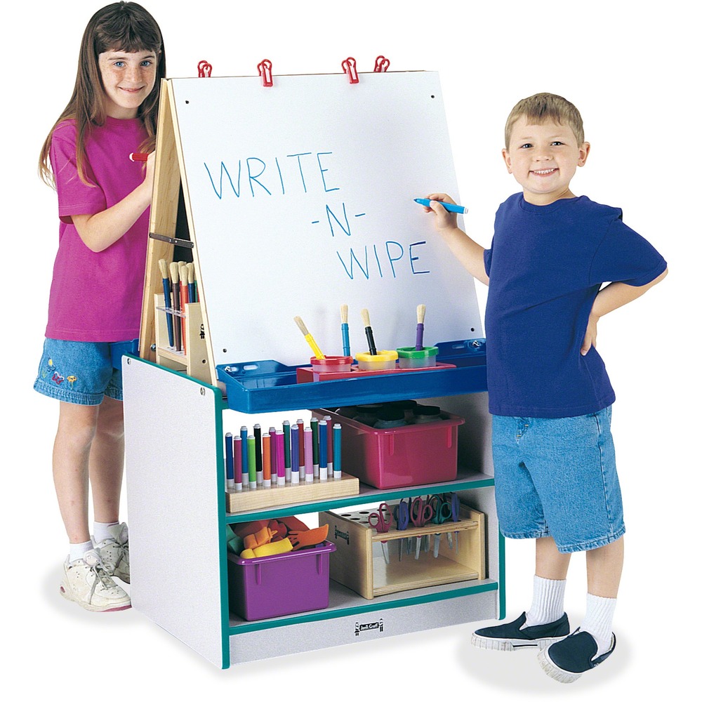 JNT0289JCWW005 - Foster artist creativity and keep art supplies within children's reach with this two-station art center. Write-n-Wipe easel panels can be easily wiped clean when used with dry-erase markers. Bottom shelves provide excellent storage between easels. Included clips and paint trays offer convenient storage and display options. TRUEdge is permanently thermo-fused to the edges to prevent chipping. MAXBrackets allow the art center to be moved easily without causing stress on the wheels and brackets. Wheels are made of hard rubber and won't leave black marks on your floor. Freckled gray laminate is durable and features an easy-to-clean surface. Kickplate prevents children from losing their favorite items underneath.
