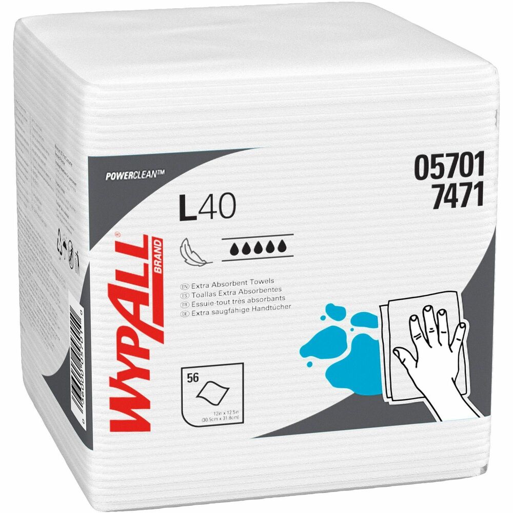 KCC05701 - WypAll L40 Disposable Cleaning and Drying Towels absorb liquids lightning-fast. They are made of bonded cellulose using double re-creped (DRC) technology for strength, softness and absorbency. As a wiping towel, it soaks up liquids fast, but all you will feel is softness, thanks to a plush, touchable outer layer. These utility wipes are specially designed to absorb liquids, lubricants and oils (in restaurants for wiping counters, in mechanic shops, industrial and commercial factories and more) yet they're soft enough for use on face and hands. More from the Manufacturer