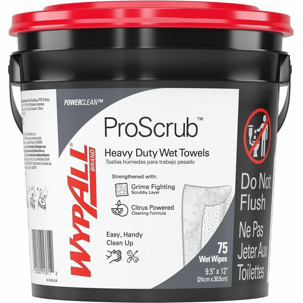 KCC91371 - Don't settle for anything less than the pros' scrub ProScrub. No matter how dirty the job, you can rely on WypAll PowerClean ProScrub Heavy Duty Wet Towels to rapidly clean hands, tools and worksurfaces. Abrasive side quickly lifts up sticky, heavy grime with ease. Smooth side ensures nothing is left behind. Powerful, citrus cleaning formula quickly gets your hands and tools ready for the next challenge in industries such as metals/mining, oil/gas, electric, plumbing, construction or auto repair. Wet towels are eligible for recycling when used in nonhazardous applications as classified by federal, state and local regulations via Wipes Recycling through RightCycle by Kimberly-Clark Professional, a manufacturer-led wipes recycling program. Wet towels are a trusted tool to help you get the job done right. More from the Manufacturer