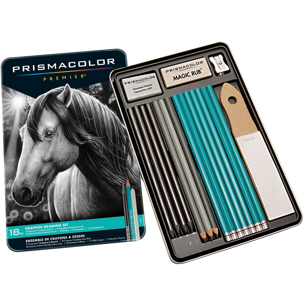 SAN24261 - Prismacolor Premier Graphite Set offers the tools you need for precision in one stroke and blendable coverage. Set includes seven Turquoise Drawing Pencils (8B, 6B, 2B, B, 2H, 4H, 6H), four Woodless Graphite Pencils (2B, 4B, 6B, 8B), three water-soluble Graphite Pencils (HB, 4B, 8B), a Magic Rub eraser, large kneaded rubber eraser, steel pencil sharpener and one sanding board. The latex-free, Magic Rub Eraser absorbs graphite and erases India Ink. The kneaded eraser can be molded and shaped anyway you want to erase tiny specks or large areas. Simply knead the eraser to clean it. More from the Manufacturer